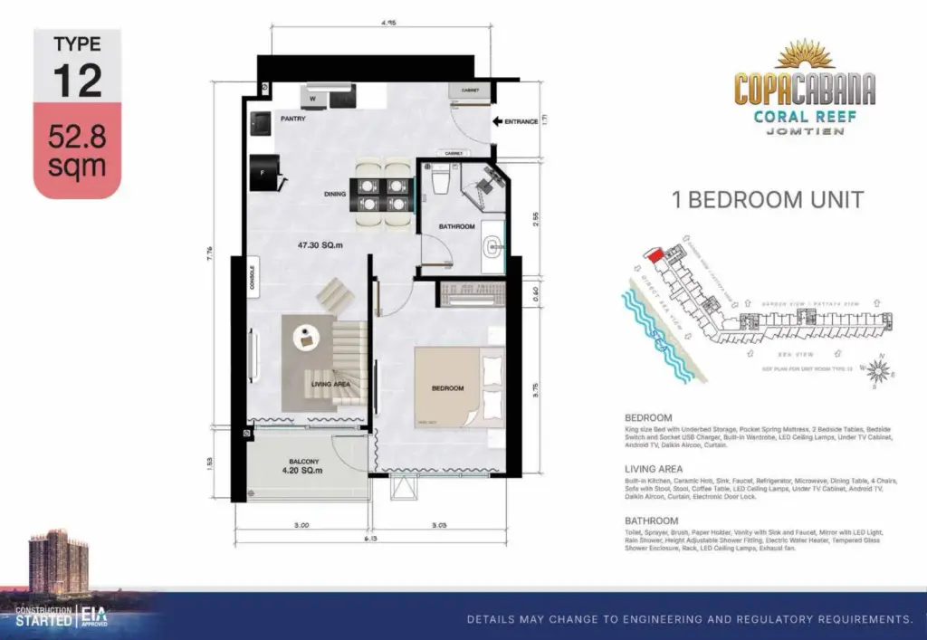 1 Bedroom Condo for Sale at Copacabana Coral Reef beige living room with plush sofa, round coffee table and wall-mounted TV