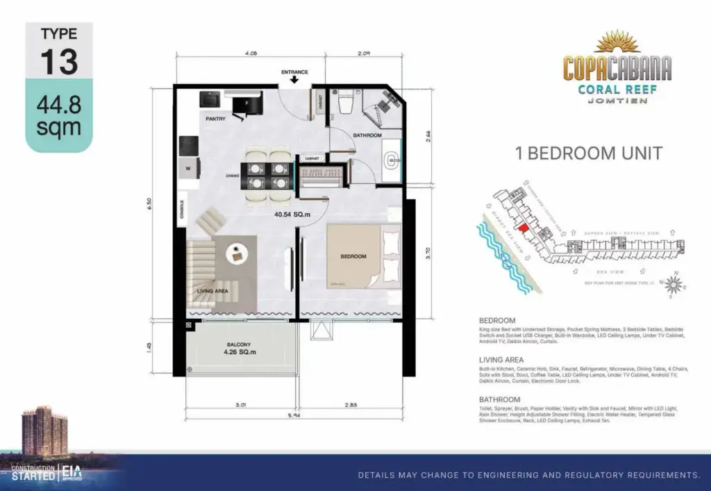 1 Bedroom Condo for Sale at Copacabana Coral Reef living room with beige sofa, TV console and sheer curtains