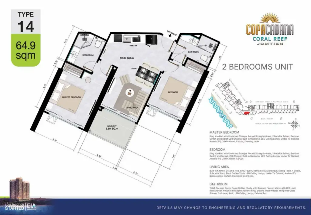 2 Bedroom Condo for Sale at Copacabana Coral Reef living room with beige sofa, TV console and sheer curtains