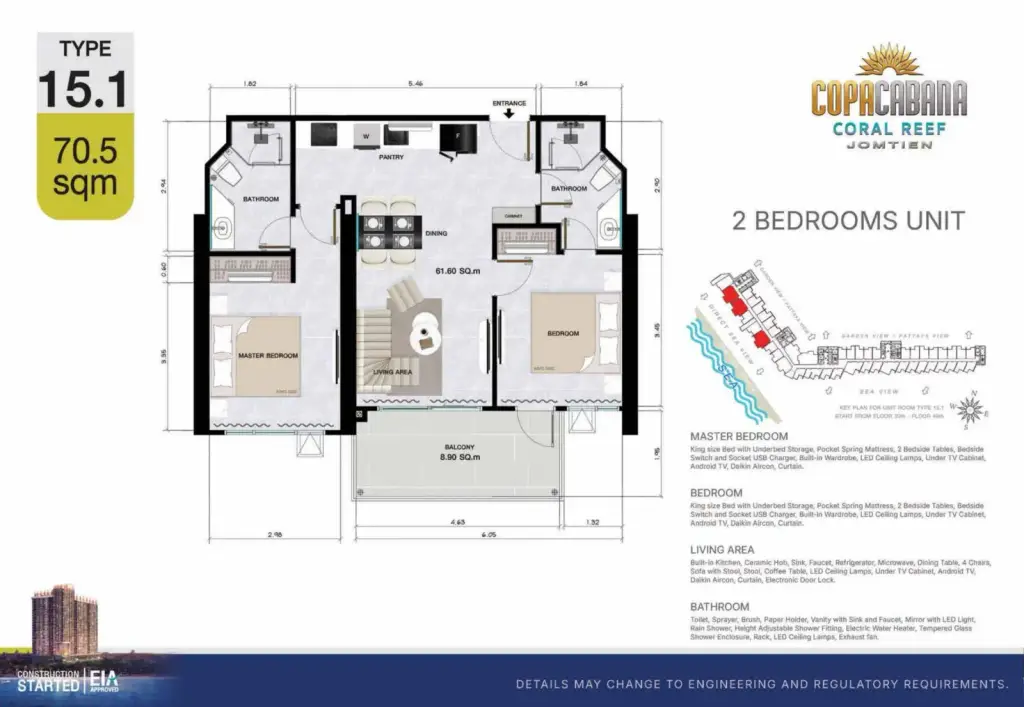 2 Bedroom Condo for Sale at Copacabana Coral Reef living room with beige sofa, wall-mounted TV, and sheer curtains