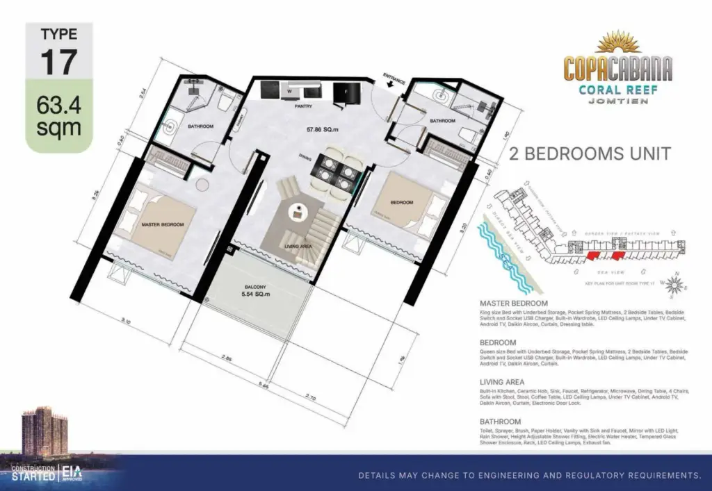 2 Bedroom Condo for Sale at Copacabana Coral Reef living room with crystal chandelier, dining table and beige sofa