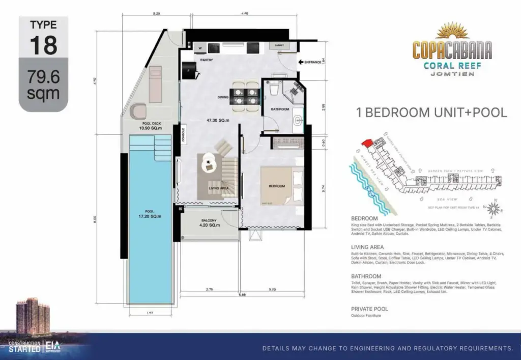 1 Bedroom Condo for Sale at Copacabana Coral Reef living room with crystal chandelier and dining area