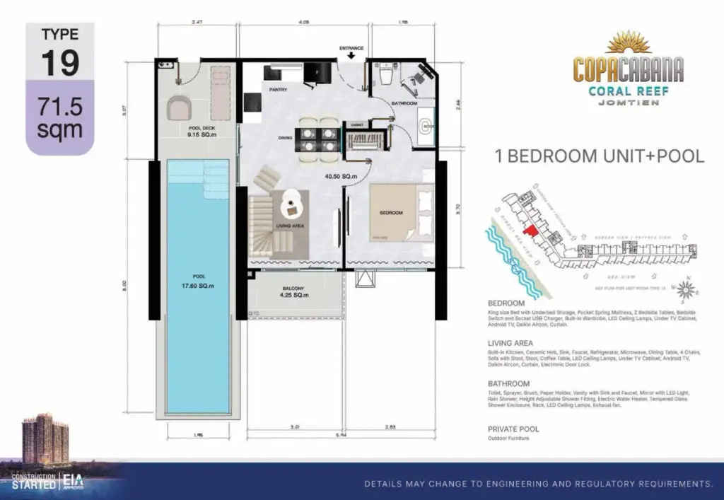1 Bedroom Condo for Sale at Copacabana Coral Reef living room with crystal chandelier and beige tufted sofa