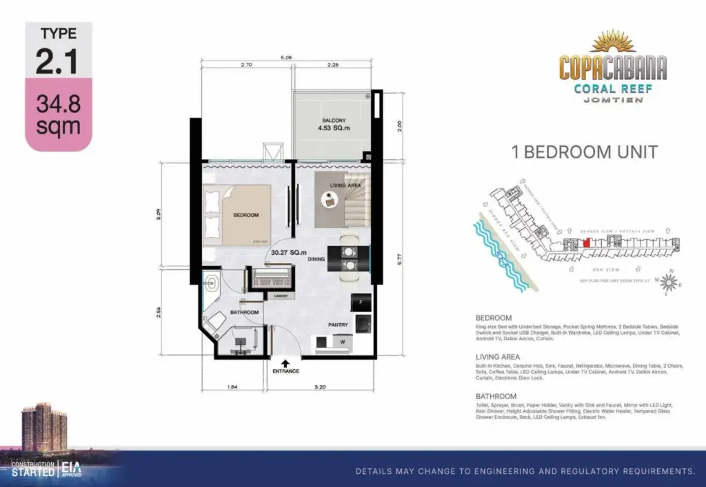 1 Bedroom Condo for Sale at Copacabana Coral Reef open-plan living room with mounted TV, sofa, and bedroom view through mirrored door