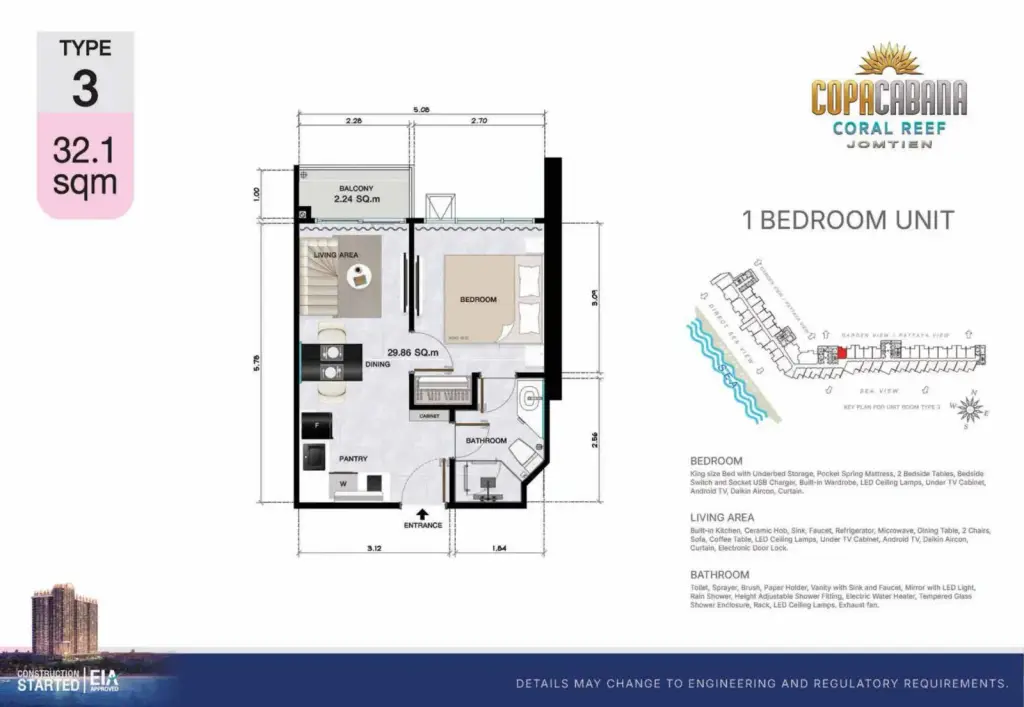 1 Bedroom Condo for Sale at Copacabana Coral Reef living room with beige sofa, TV console and sheer curtains