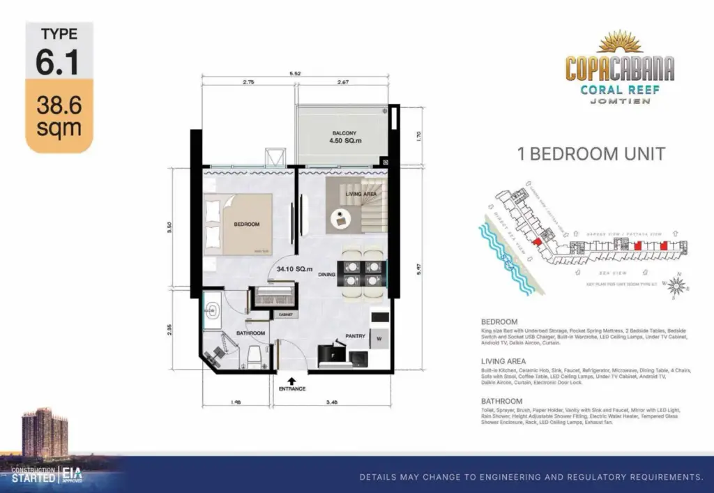 1 Bedroom Condo for Sale at Copacabana Coral Reef living room with crystal chandelier and beige tufted sofa