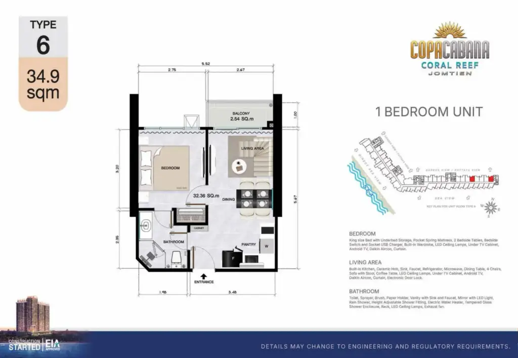 1 Bedroom Condo for Sale at Copacabana Coral Reef, Pattaya, Thailand — 1-bedroom Condo — floor plan