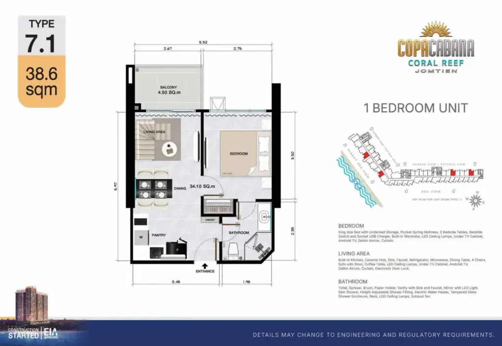 1 Bedroom Condo for Sale at Copacabana Coral Reef living room with beige sofa, zebra-print ottoman and balcony view