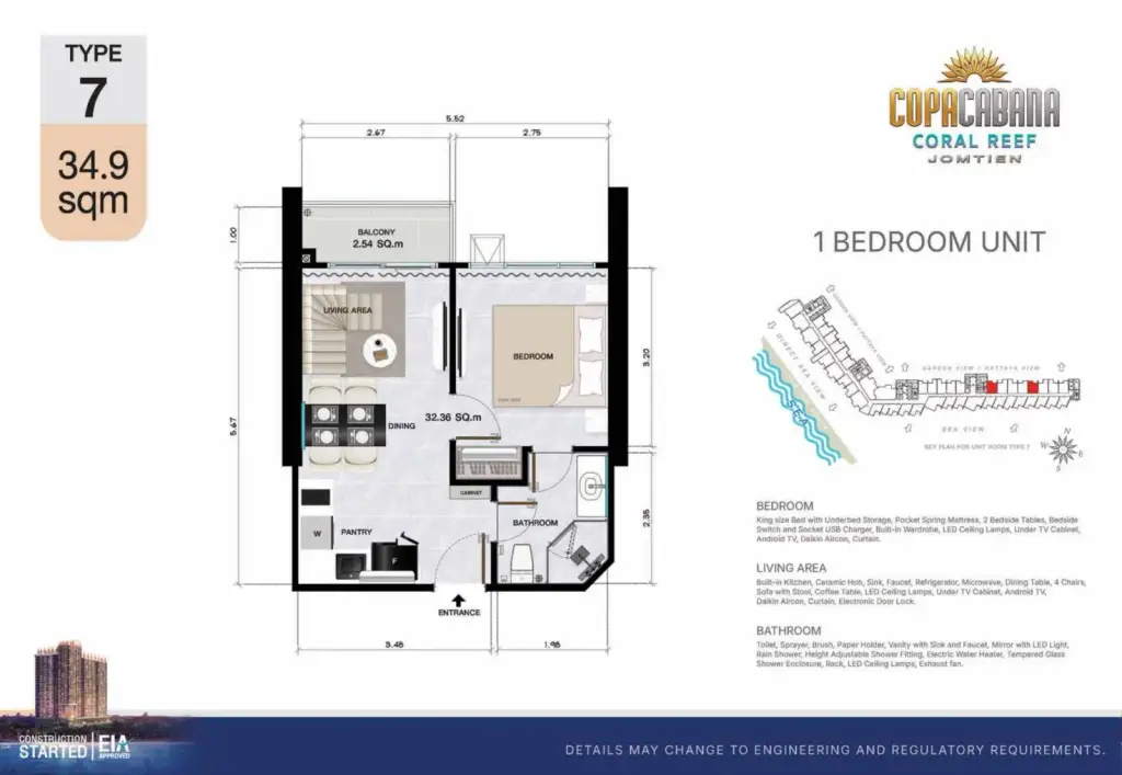 1 Bedroom Condo for Sale at Copacabana Coral Reef living room with beige sofa, dining table and crystal chandelier