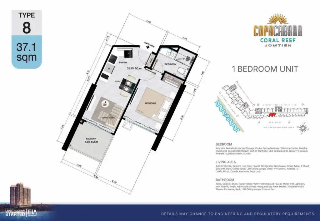 1 Bedroom Condo for Sale at Copacabana Coral Reef open-plan living room with beige sofa and view into dining area and kitchen