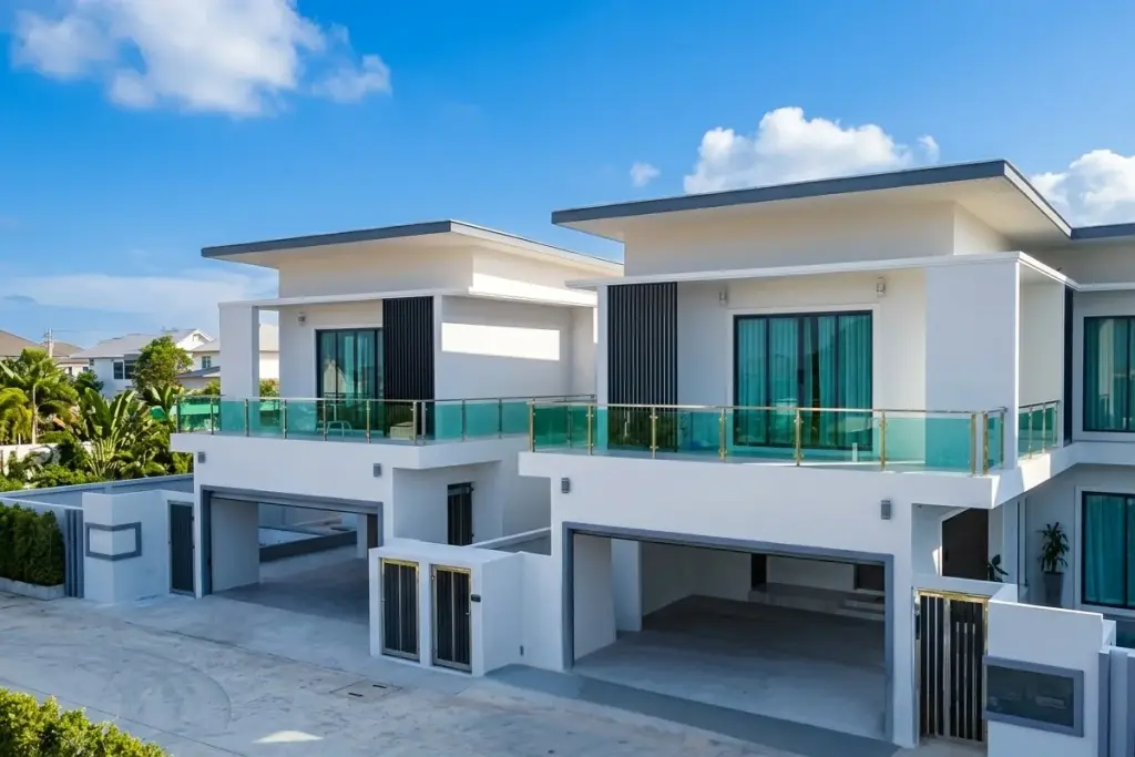 Jin Village modern white houses with flat roofs, balconies, and integrated carports under a blue sky.