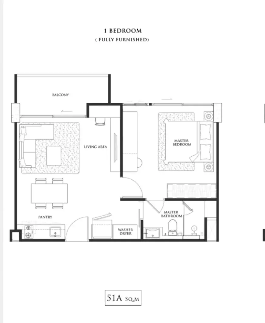 1 Bedroom Condo for Sale at Embassy Life open-plan living room with dining table and mirrored kitchen