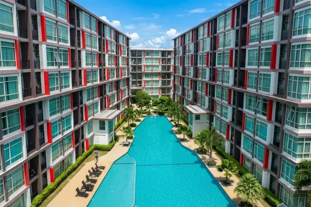 CC Condominium 1 long outdoor swimming pool surrounded by palm trees and modern condo buildings with red accents.