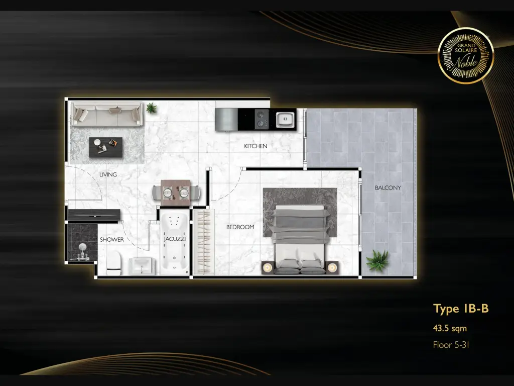 1 Bedroom Condo for Sale at Grand Solaire Noble living room with mirrored wall, white sectional sofa and dining nook