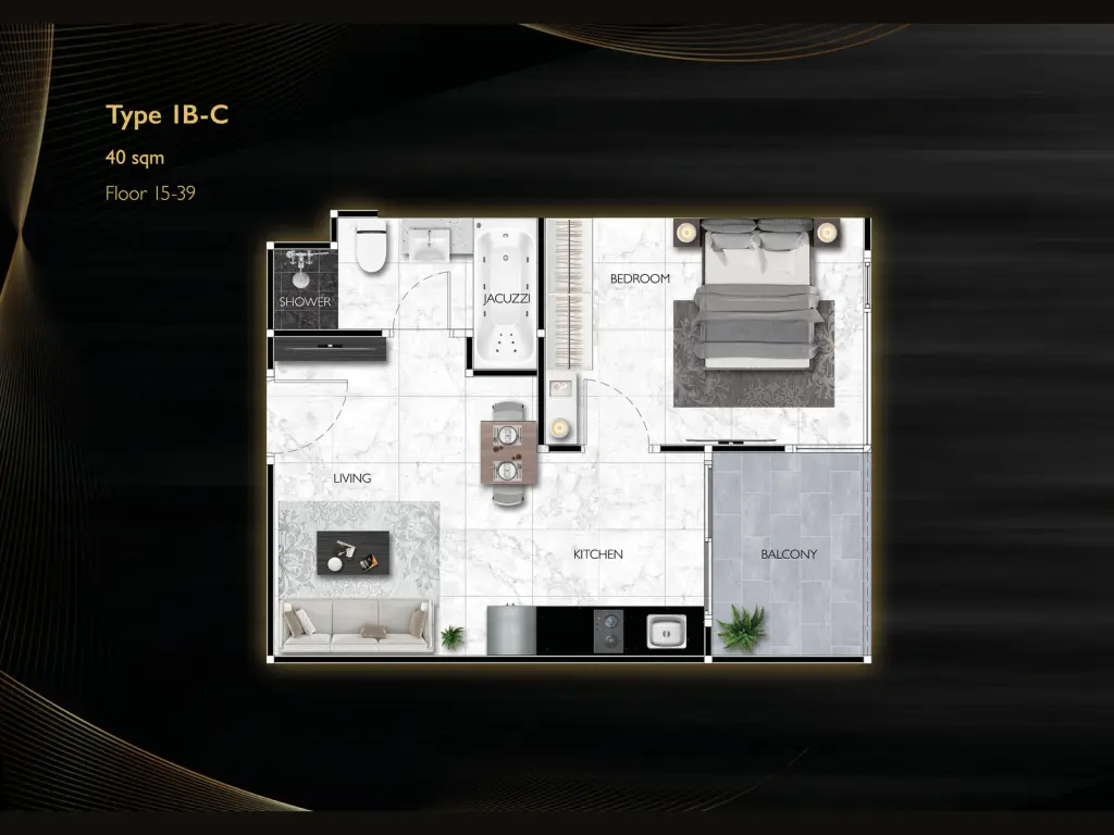1 Bedroom Condo for Sale at Grand Solaire Noble living room with mirrored wall, white sofa and dining nook