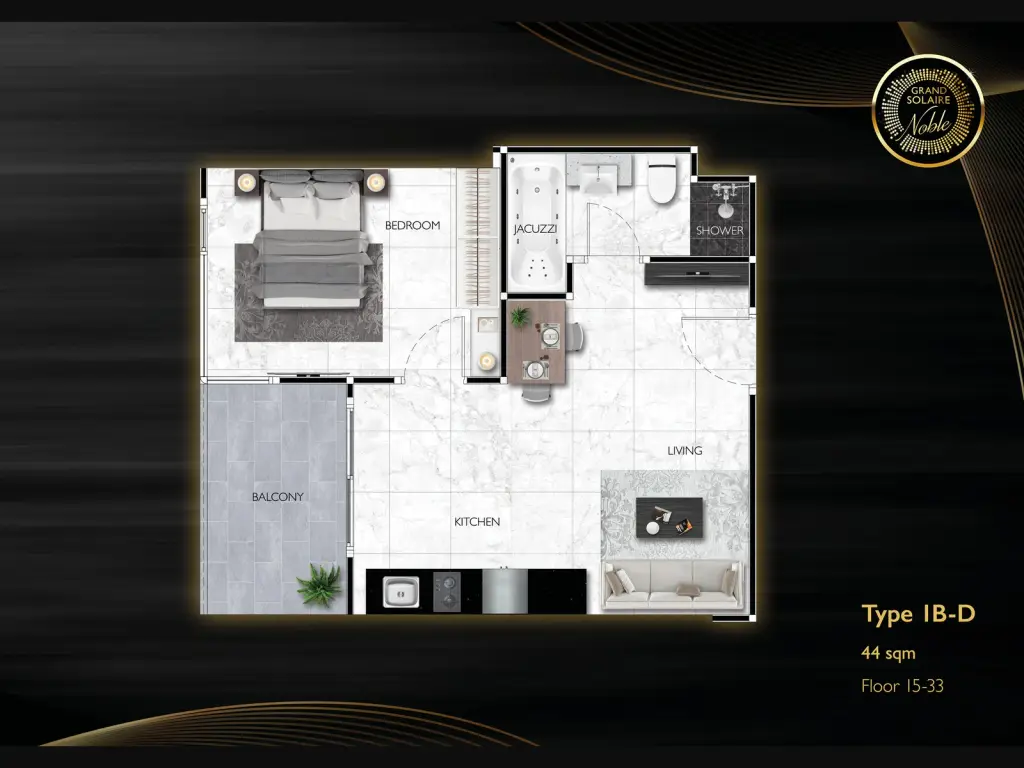 1 Bedroom Condo for Sale at Grand Solaire Noble living room with white sectional sofa and mirrored wall