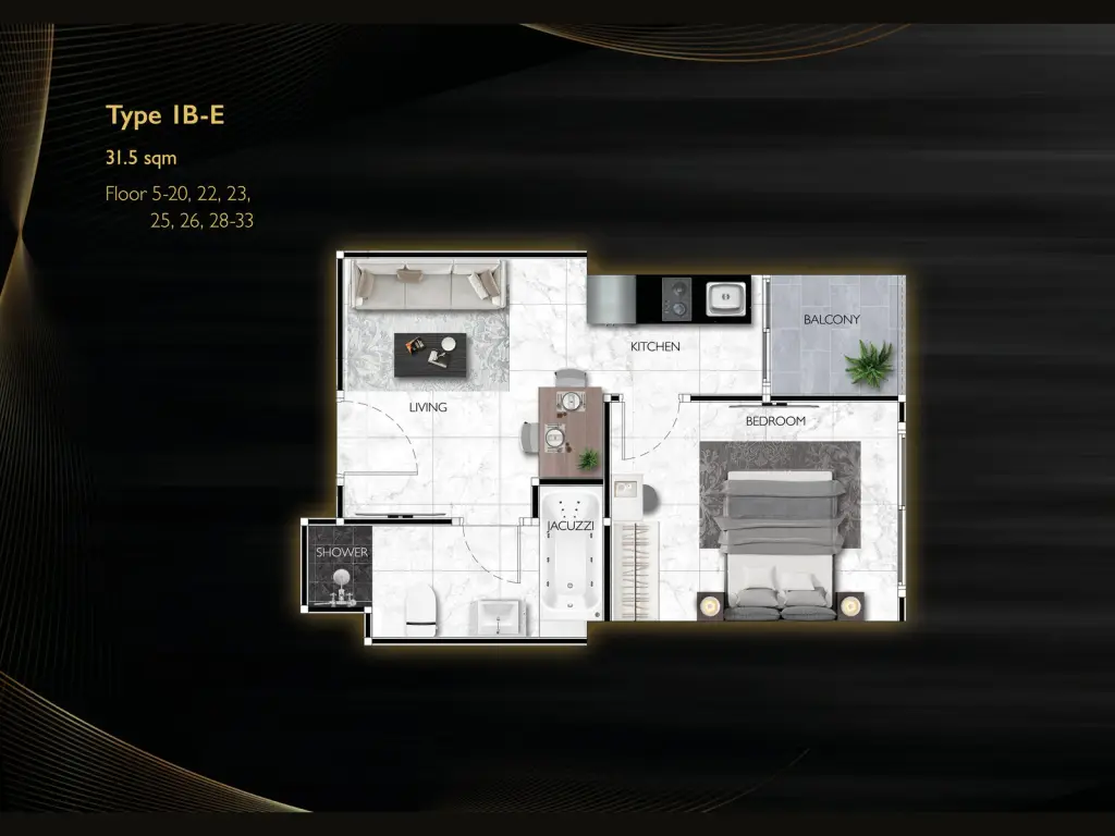 1 Bedroom Condo for Sale at Grand Solaire Noble open-plan living room with white sofa, dining table, and mirrored wall