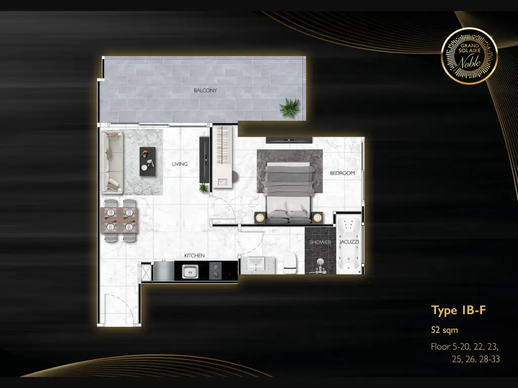 1 Bedroom Condo for Sale at Grand Solaire Noble living room with sectional sofa, mirrored wall, and open kitchen