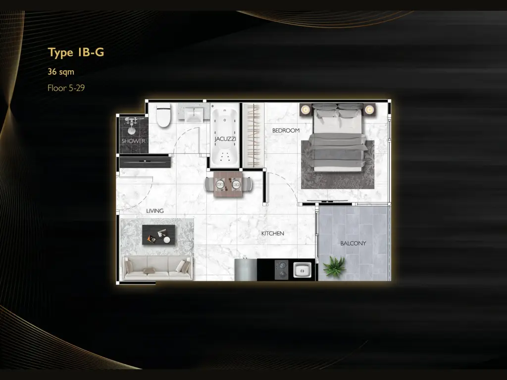 1 Bedroom Condo for Sale at Grand Solaire Noble living room with white sectional sofa, dining table, and mirrored wall