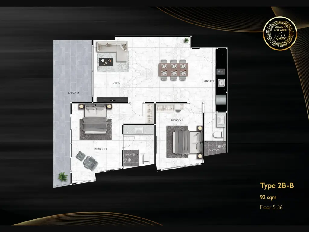 2 Bedroom Condo for Sale at Grand Solaire Noble master bedroom with city view balcony and wall-mounted TV