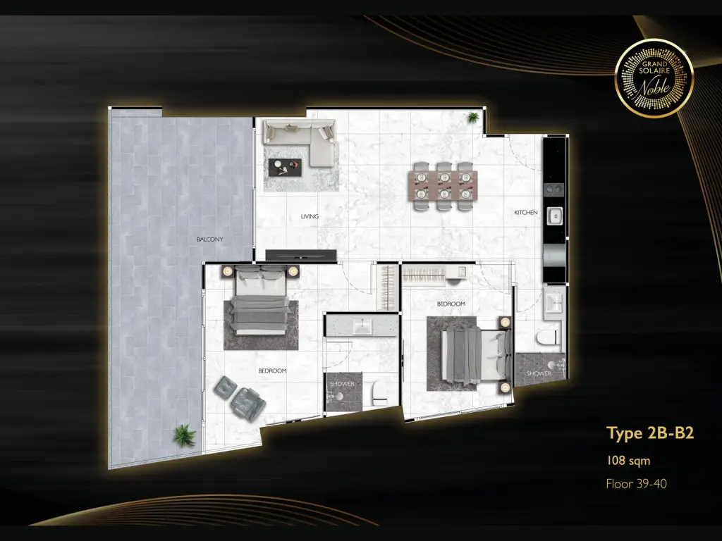 2 Bedroom Condo for Sale at Grand Solaire Noble master bedroom with marble headboard and balcony city view