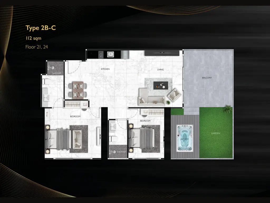 2 Bedroom Condo for Sale at Grand Solaire Noble master bedroom with city view balcony and wall-mounted TV