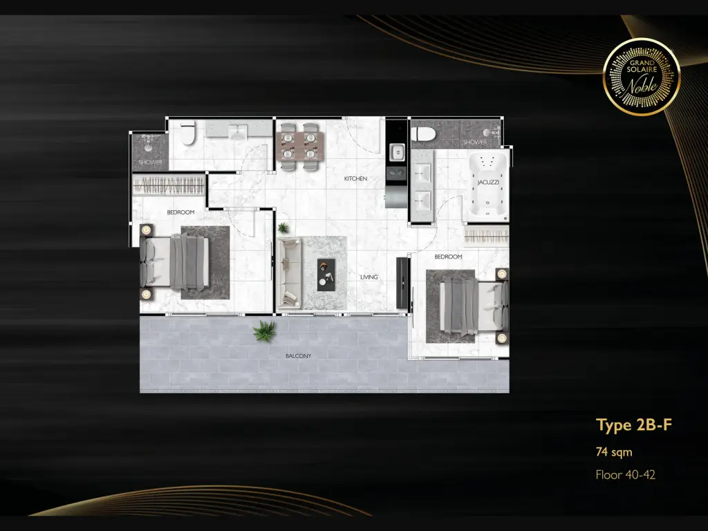 2 Bedroom Condo for Sale at Grand Solaire Noble master bedroom with marble wall, city view balcony and wall-mounted TV
