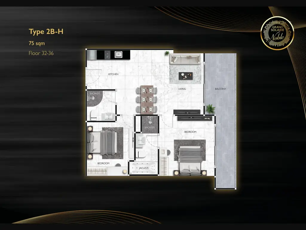 2 Bedroom Condo for Sale at Grand Solaire Noble master bedroom with marble accent wall and city view balcony