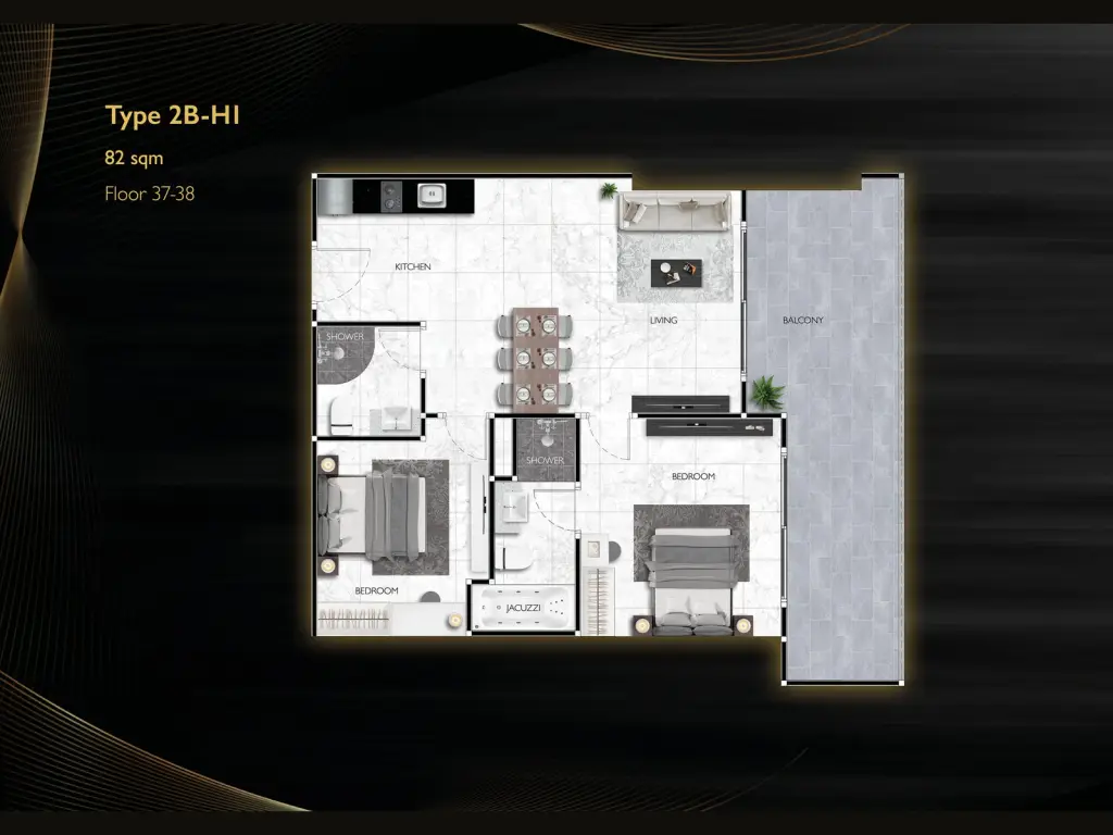 2 Bedroom Condo for Sale at Grand Solaire Noble master bedroom with marble headboard wall and city view balcony