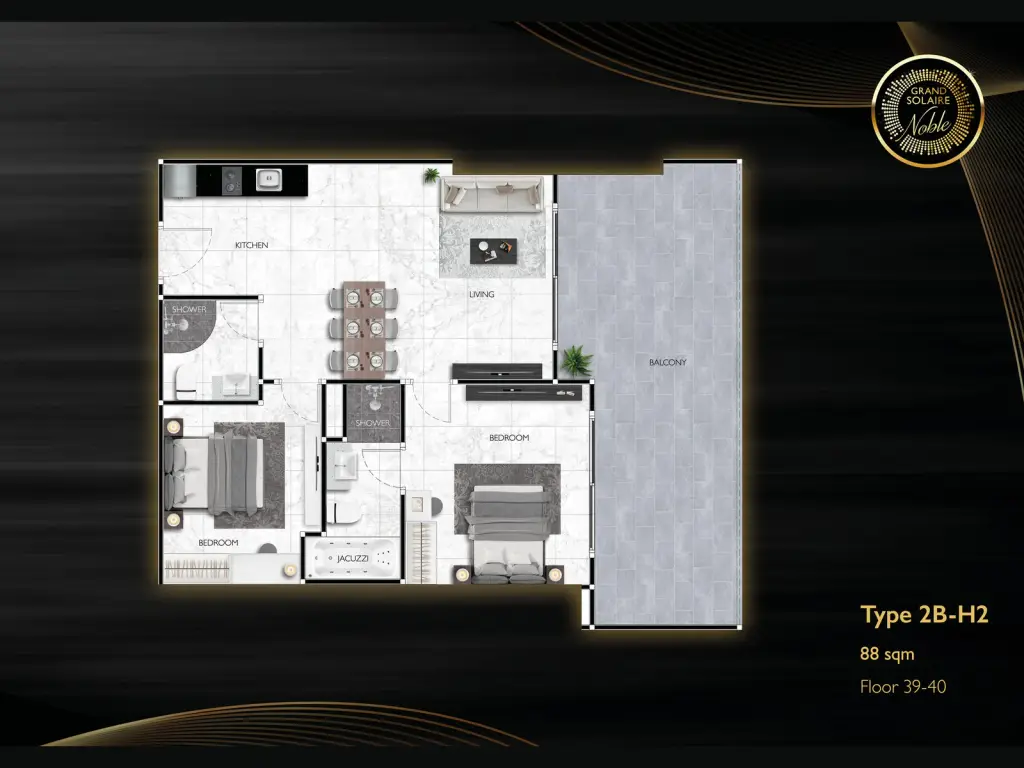 2 Bedroom Condo for Sale at Grand Solaire Noble master bedroom with marble headboard wall and balcony city view