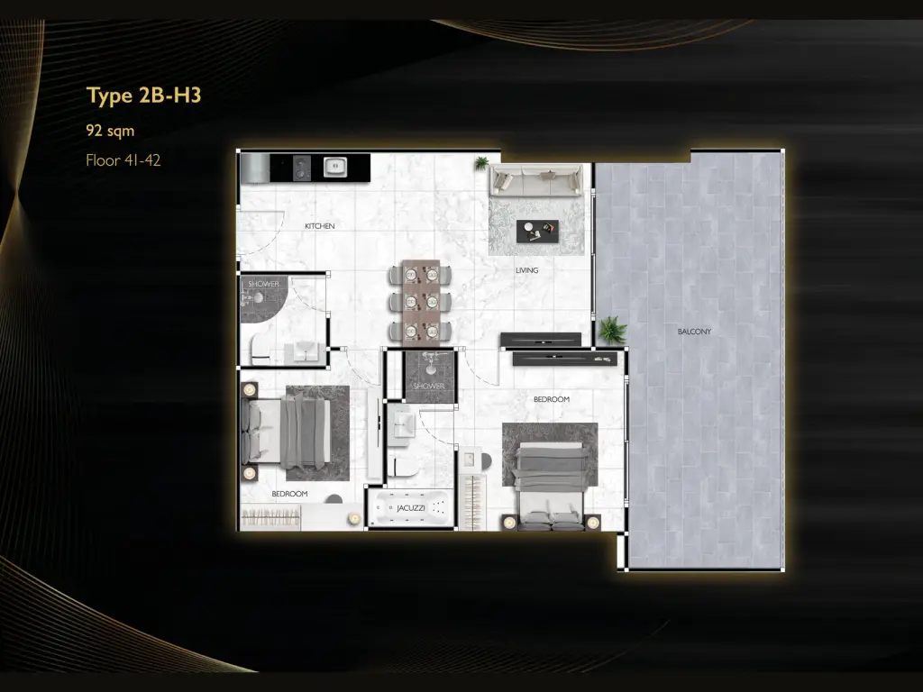 2 Bedroom Condo for Sale at Grand Solaire Noble master bedroom with marble wall, city view balcony and wall-mounted TV