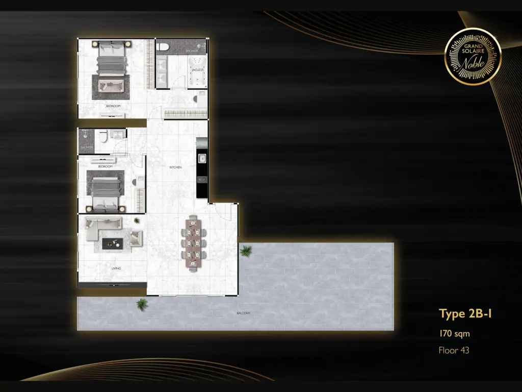 2 Bedroom Condo for Sale at Grand Solaire Noble master bedroom with city view balcony and wall-mounted TV