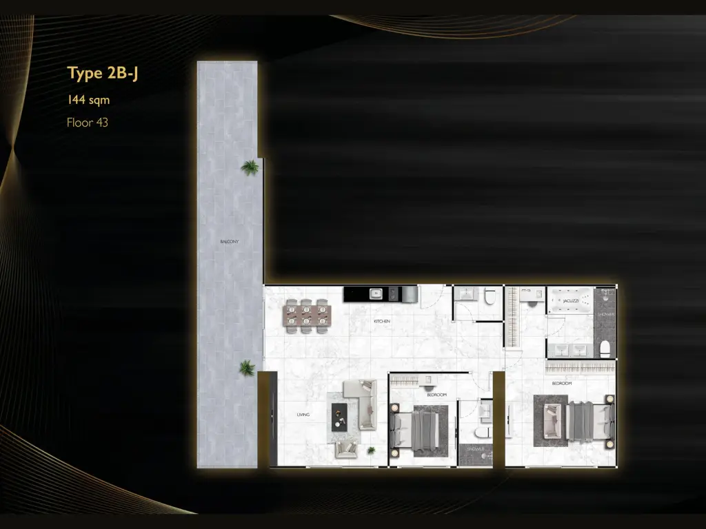 2 Bedroom Condo for Sale at Grand Solaire Noble master bedroom with wall-mounted TV, marble accent wall, and city view balcony