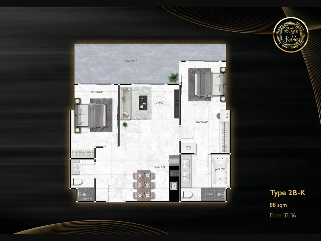 2 Bedroom Condo for Sale at Grand Solaire Noble master bedroom with balcony city view and marble accent wall