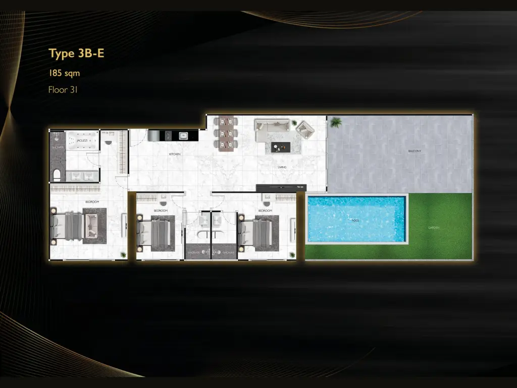 3 Bedroom Condo for Sale at Grand Solaire Noble master bedroom with marble accent wall and city-view balcony