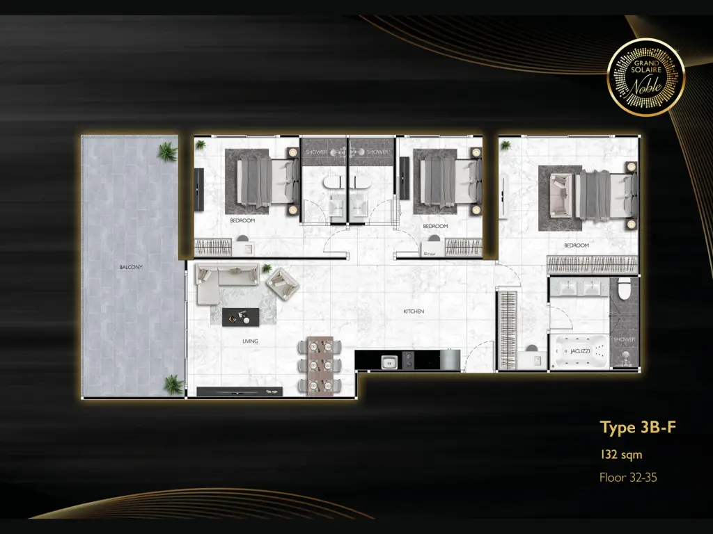 3 Bedroom Condo for Sale at Grand Solaire Noble master bedroom with marble accent wall and balcony city view