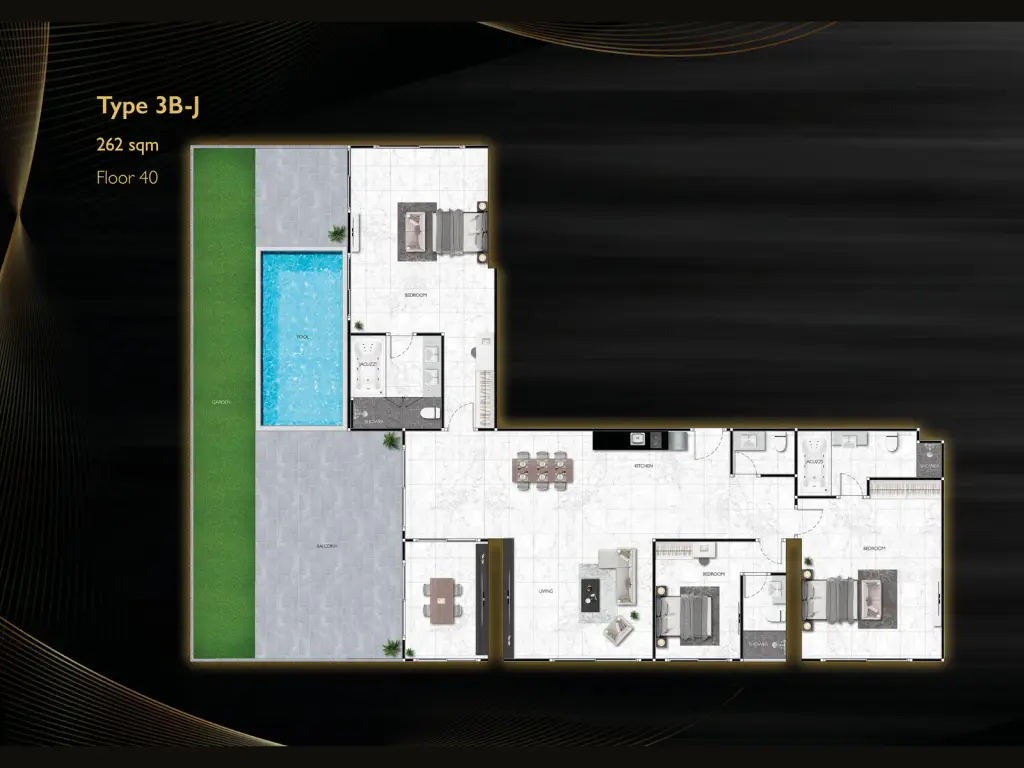 3 Bedroom Condo for Sale at Grand Solaire Noble master bedroom with city view balcony and wall-mounted TV