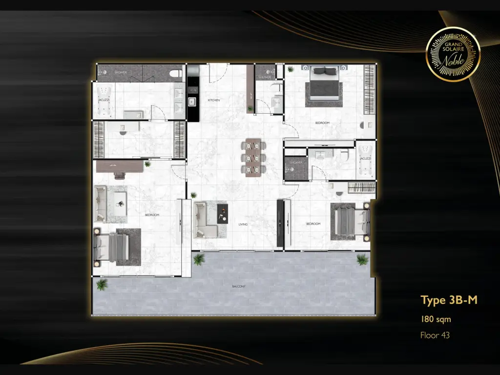 3 Bedroom Condo for Sale at Grand Solaire Noble master bedroom with city view balcony and marble accent wall