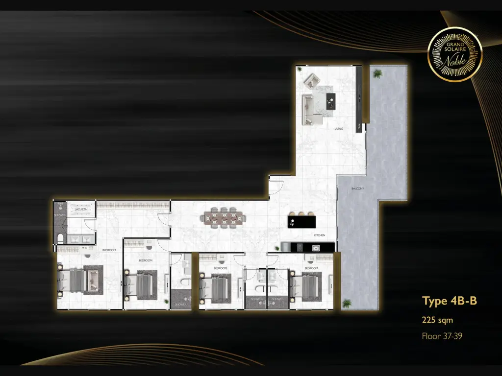4 Bedroom Condo for Sale at Grand Solaire Noble master bedroom with city view balcony and wall-mounted TV