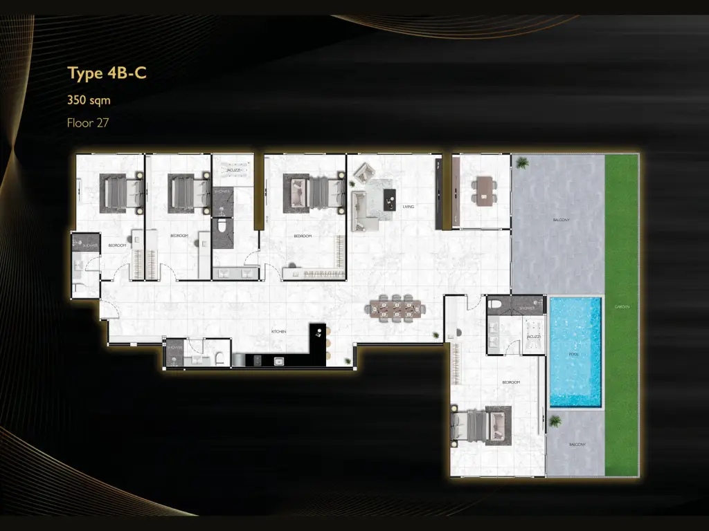 4 Bedroom Condo for Sale at Grand Solaire Noble master bedroom with city view balcony and wall-mounted TV