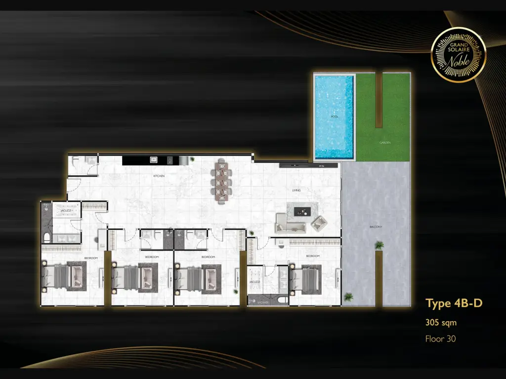 4 Bedroom Condo for Sale at Grand Solaire Noble master bedroom with city view balcony and wall-mounted TV