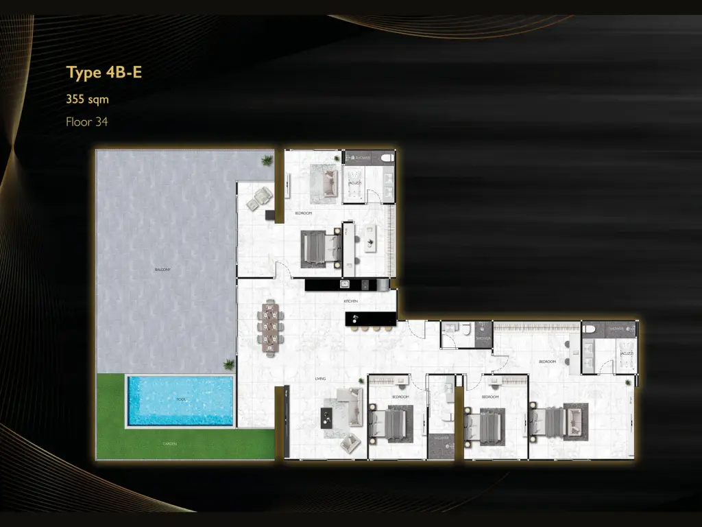 4 Bedroom Condo for Sale at Grand Solaire Noble master bedroom with black marble wall and city view balcony
