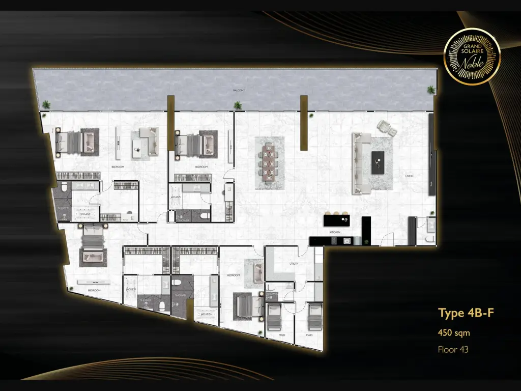 4 Bedroom Condo for Sale at Grand Solaire Noble master bedroom with city view balcony and wall-mounted TV