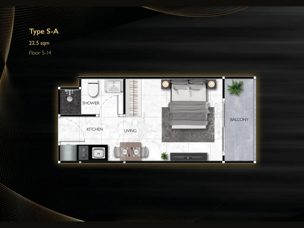Studio Condo for Sale at Grand Solaire Noble black kitchen with marble counters and view to bed area