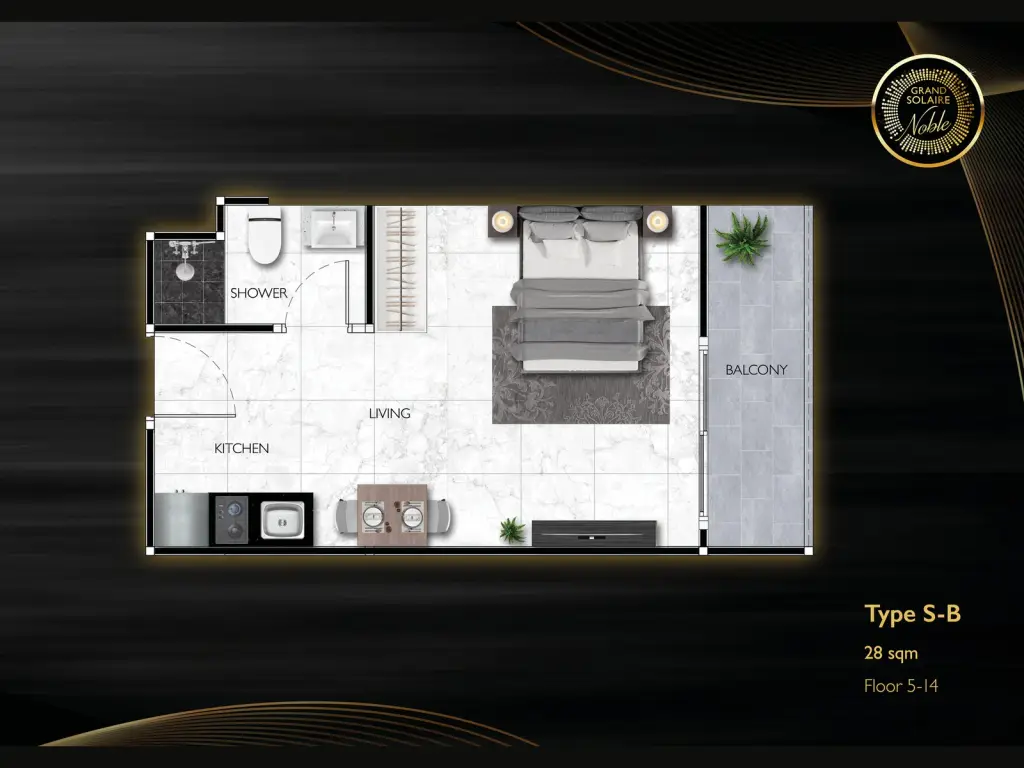 Studio Condo for Sale at Grand Solaire Noble hallway view of black kitchen with marble counters and bedroom beyond