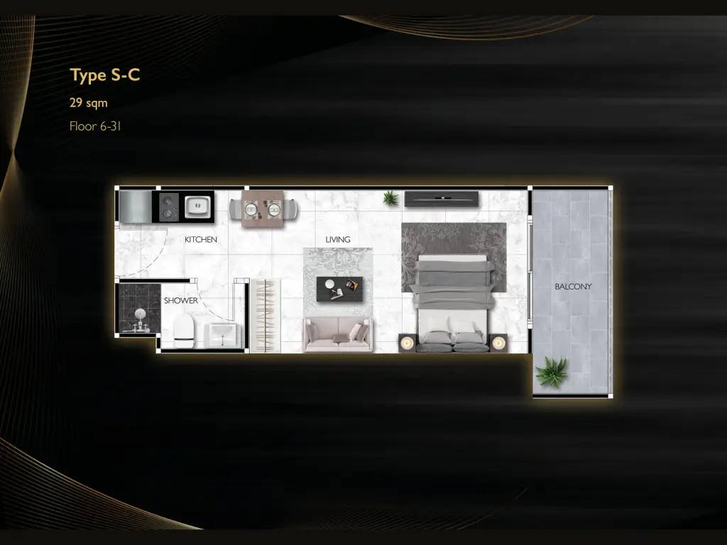 Studio Condo for Sale at Grand Solaire Noble entryway view of black modern kitchen with marble counters and bedroom beyond