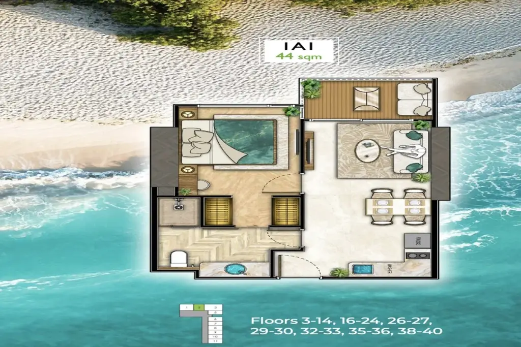 1 Bedroom Condo for Sale at The Riviera Palm Beach Wongamat, Pattaya, Thailand — 1-bedroom Condo — floor plan