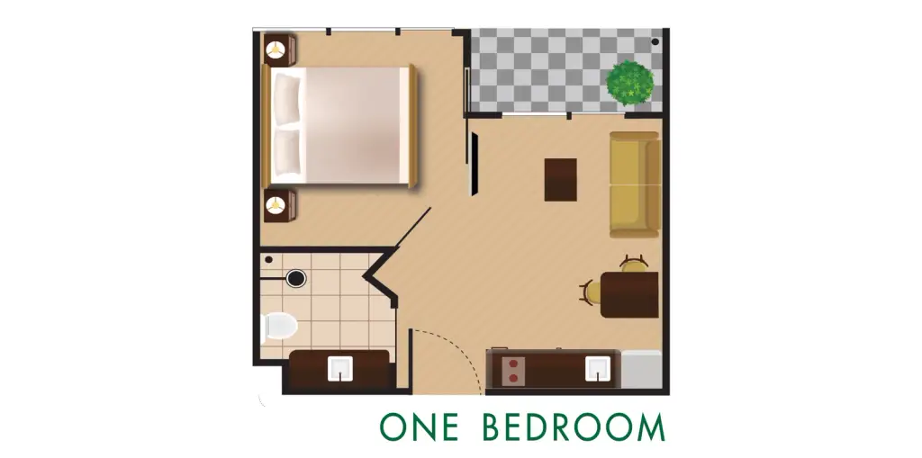 1 Bedroom Condo for Sale at Harmonia City Garden open-plan living room with bedroom view, sofa, dining table and pool balcony