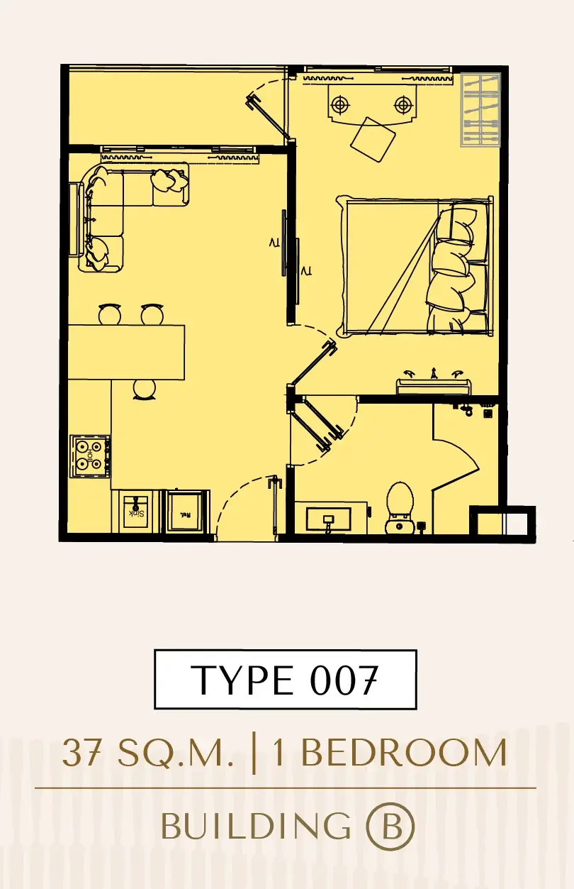1 Bedroom Condo for Sale at Love It Wongamat Beach open-plan kitchen and dining area with sea view balcony