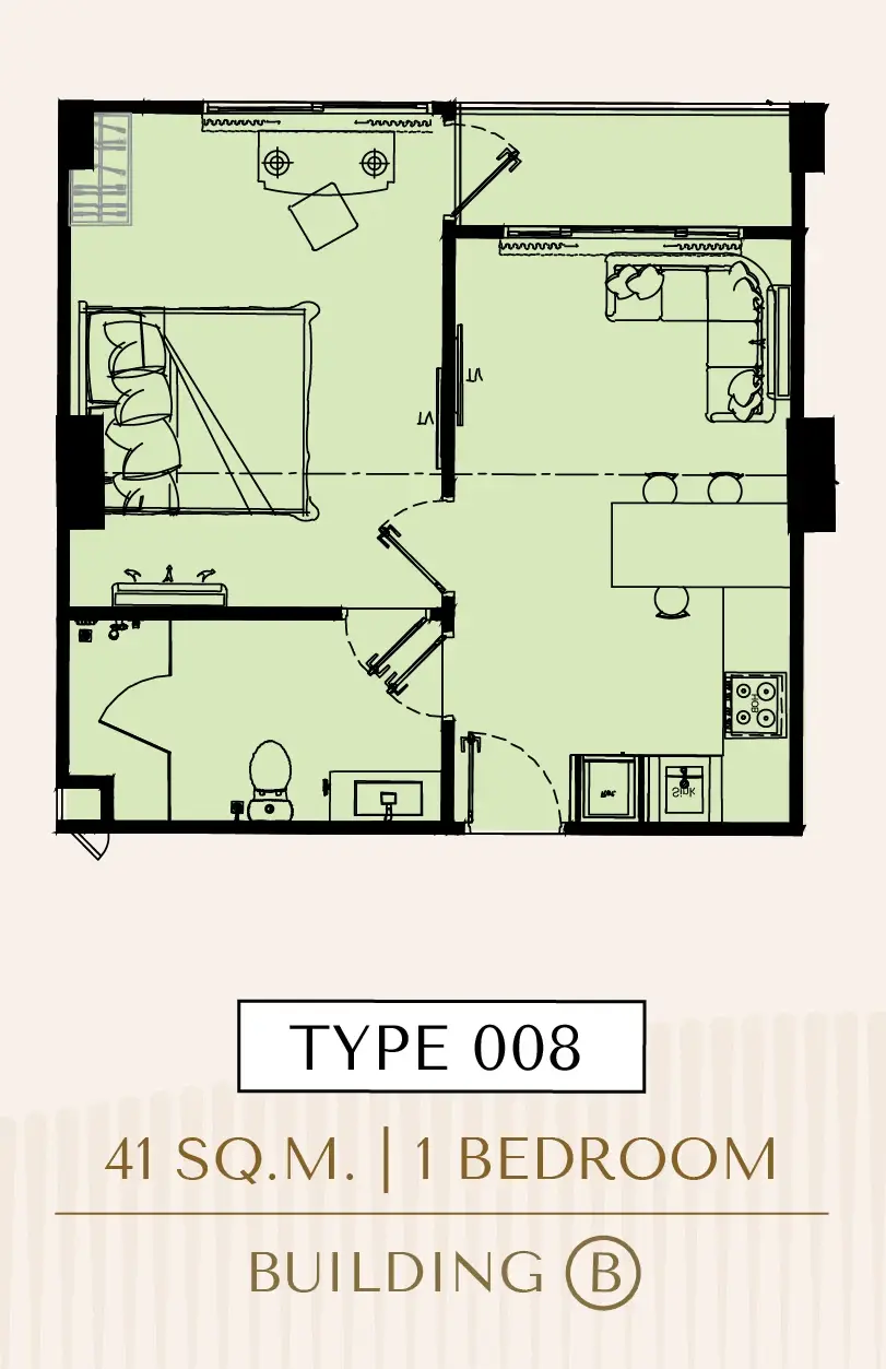 1 Bedroom Condo for Sale at Love It Wongamat Beach open-plan living room with TV, dining table and bedroom view